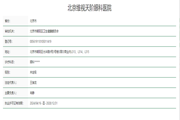 北京维视眼科医院收费价格表/收费标准