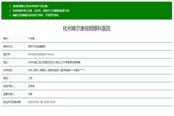 化州晞尔康眼科医院（爱尔眼科）地址电话营业时间