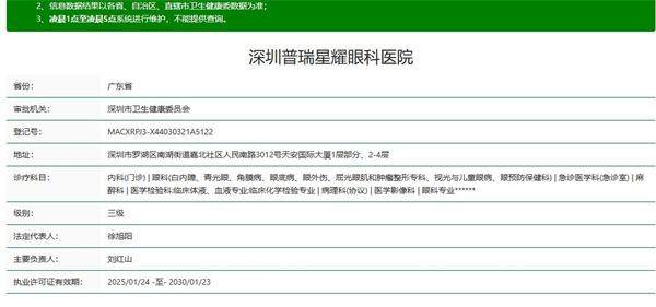 深圳普瑞星耀眼科医院(罗湖院区)收费价格表/收费标准